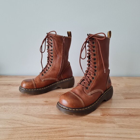Dr Martens Miranda Lace Up Cognac Brown Combat Boots Vintage Y2K Leather US 10 - Picture 1 of 9